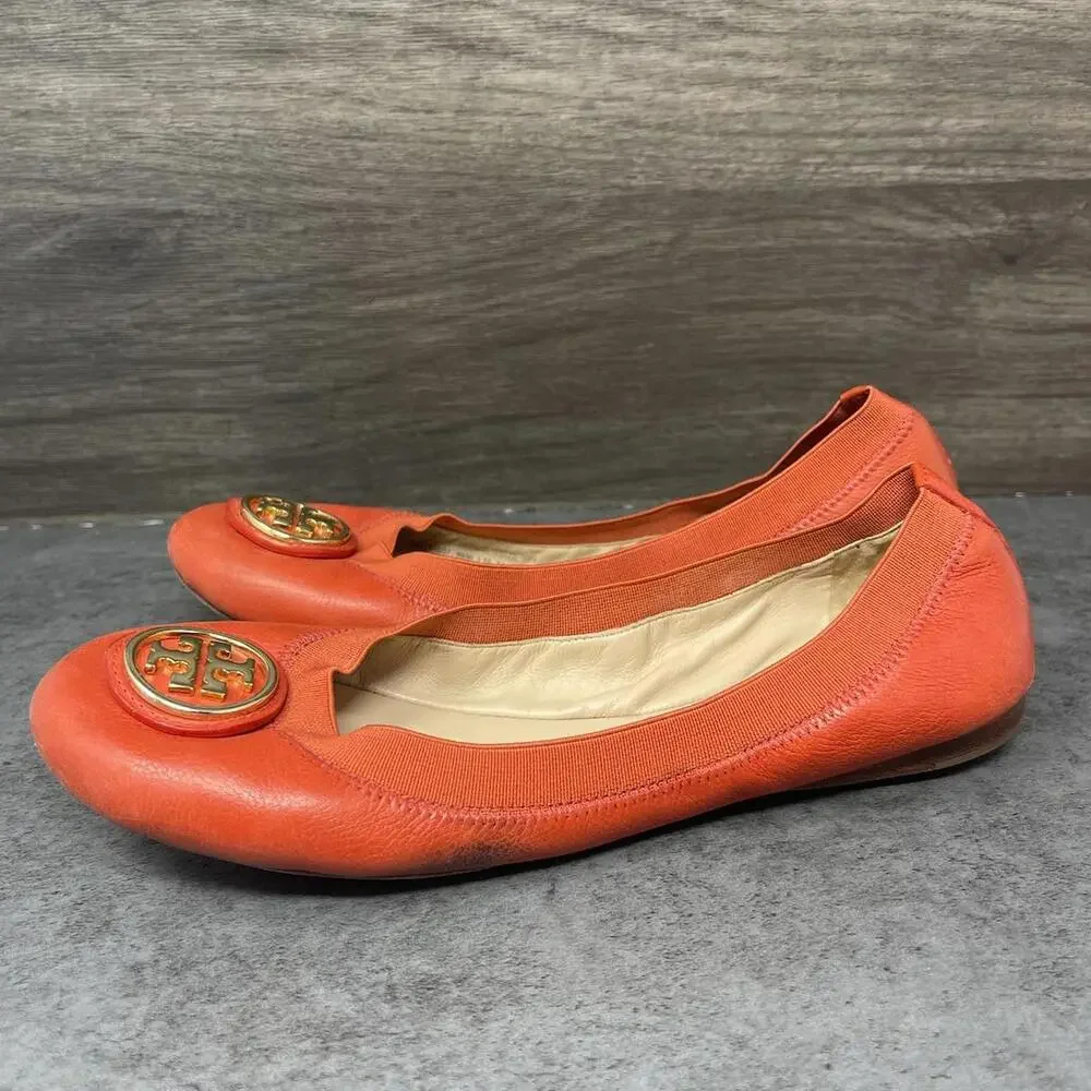 Tory Burch Flats Womens Size 7 Minnie Ballet Orange Leather Slip On Shoes